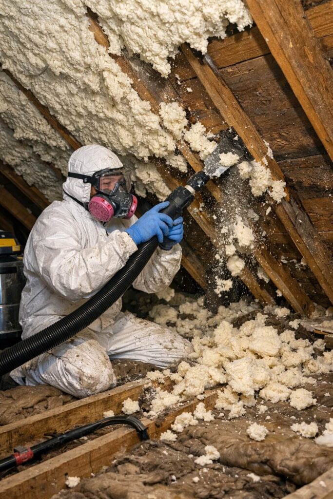 loft insulation removal service yorkshire loft insulation being removed | Kennedy Roofing